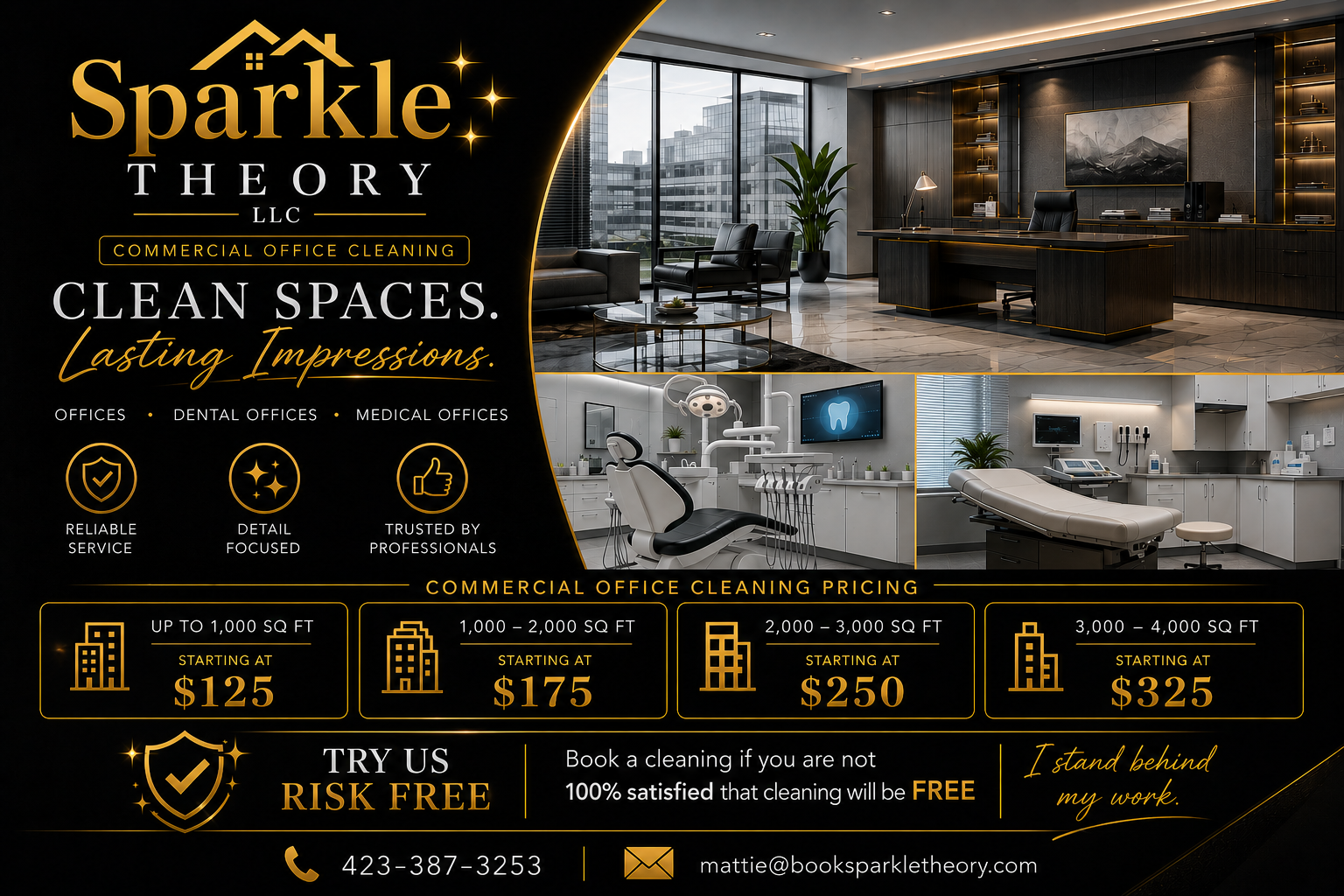 An advertisement for Sparkle Theory LLC commercial office cleaning services, featuring images of a modern office reception, a dental clinic, and a medical exam room. The ad highlights reliable, detailed, and trusted service, with pricing based on square footage from $125 to $325, and encourages booking risk-free with contact details included.