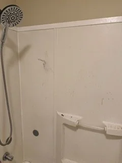 Shower stall with showerhead, soap holder, and handrail in a bathroom.