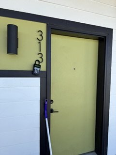 Green front door with black frame, house number 3113, black wall-mounted light, and a cordless phone attached outside. A white and purple item is leaning against the wall beside the door.