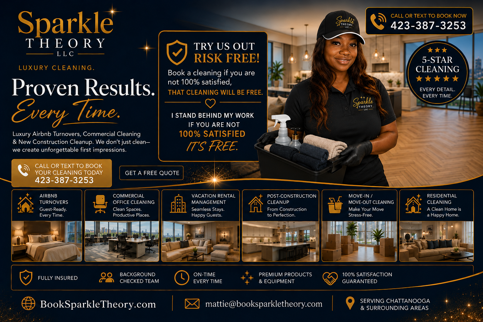 Advertising flyer for Sparkle Theory LLC detailing luxury cleaning services, including Airbnb turnovers, commercial, vacation rental, post-construction, move-in/move-out, and residential cleaning. Features a smiling woman in uniform holding cleaning supplies, contact information, and photos of clean rooms.
