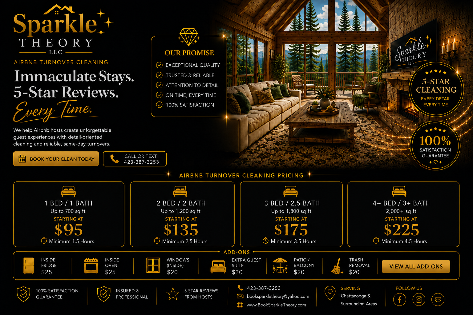Flyer for Sparkle Theory LLC Airbnb turnover cleaning service featuring a living room with large windows, a sofa, chairs, fireplace, and outdoor balcony. Includes service details, pricing, add-ons, contact info, and icons for satisfaction guarantee, professionalism, reviews, and social media.