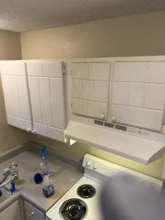 Kitchen with white cabinets, stove with burners, and various cleaning supplies on the counter.
