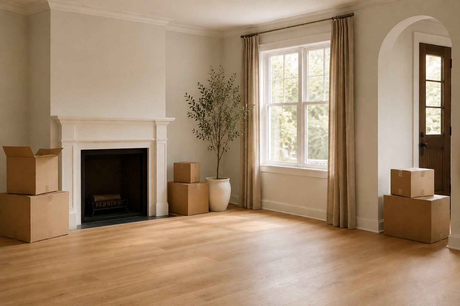 Empty living room with cardboard boxes, a potted plant, a fireplace, a window with curtains, and a wooden door.
