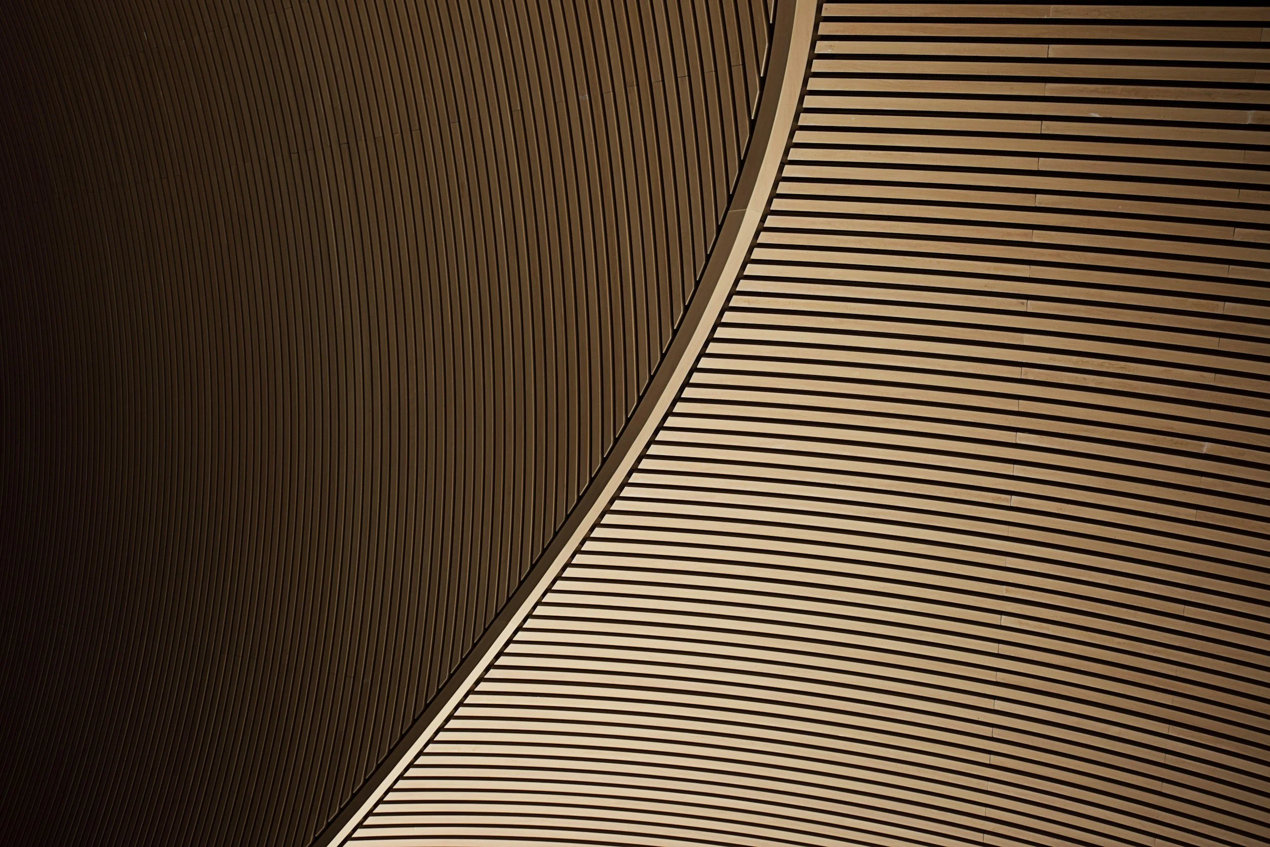 Interior ceiling with curved wooden slats arranged in parallel lines, creating a modern architectural pattern.