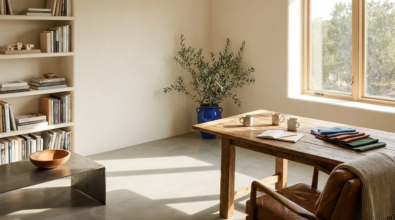 A sunlit minimalist office space with a wooden table, three mugs, an open notebook, and colored fabric swatches. There is a blue vase with a large leafy plant, a bookcase filled with books, and a window showing trees outside.