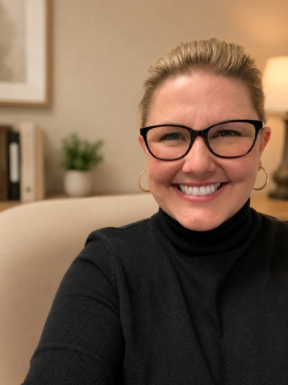 Close-up of a smiling woman with glasses, earrings, and a black turtleneck, sitting indoors in a cozy setting with a blurred background of a houseplant and a lamp.