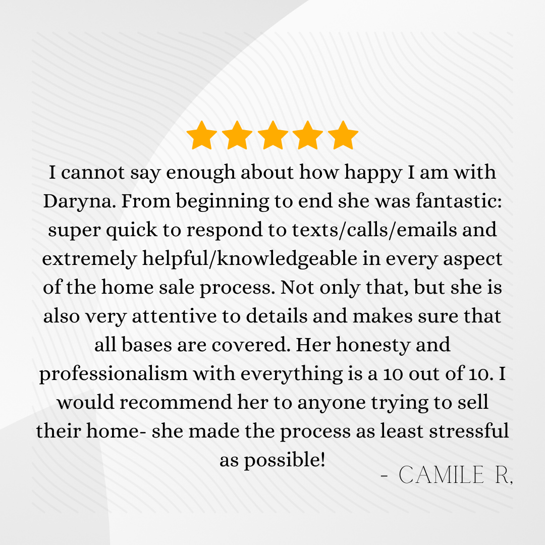 Customer review with five stars, praising Daryna for exceptional help, responsiveness, attentiveness, honesty, and professionalism in the home sale process, highly recommending her.
