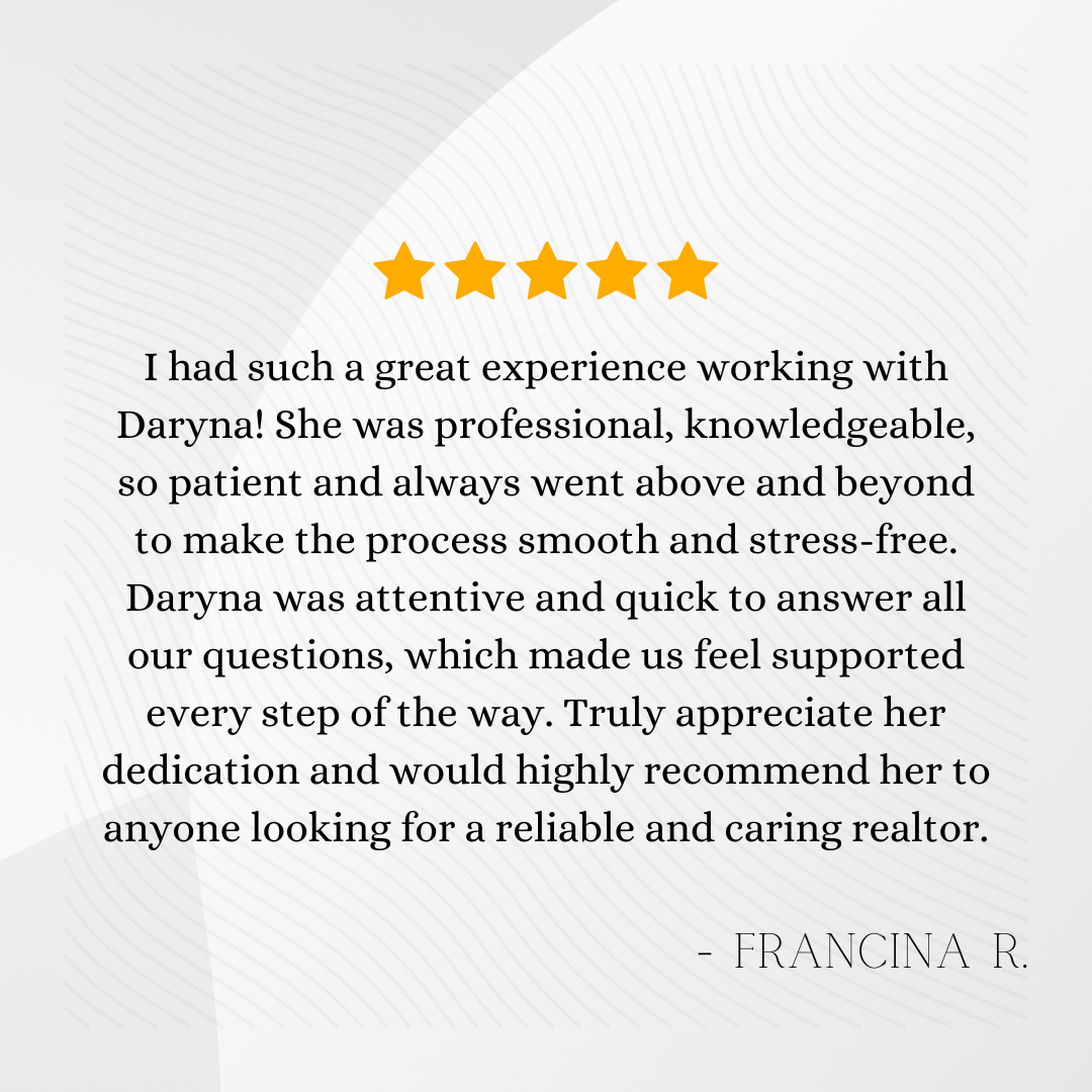 Five-star review with a customer testimonial praising Daryna for professionalism, knowledge, patience, attentiveness, and dedication, recommending her as a reliable and caring realtor.