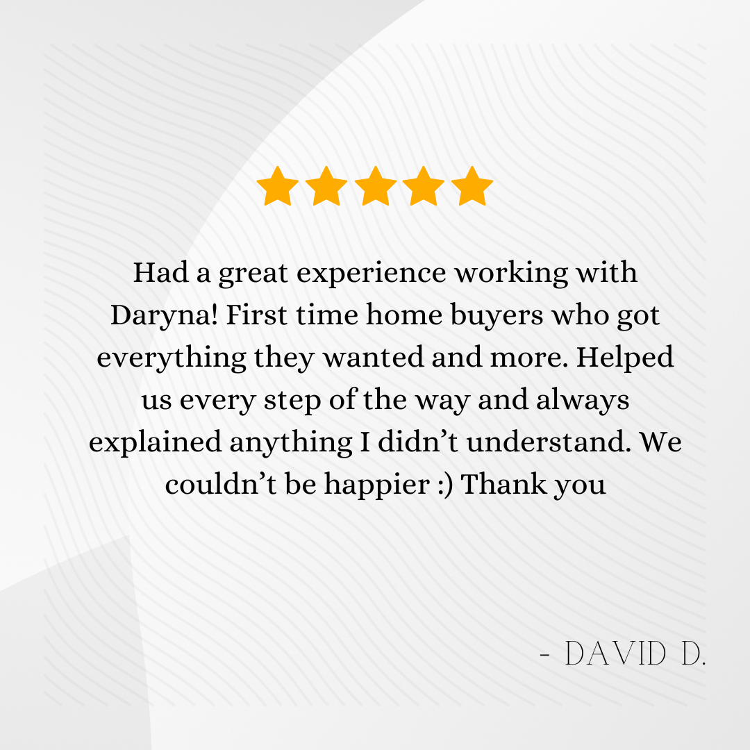 Customer review with five stars, positive feedback about working with Daryna for home buying, thanking her for her assistance.