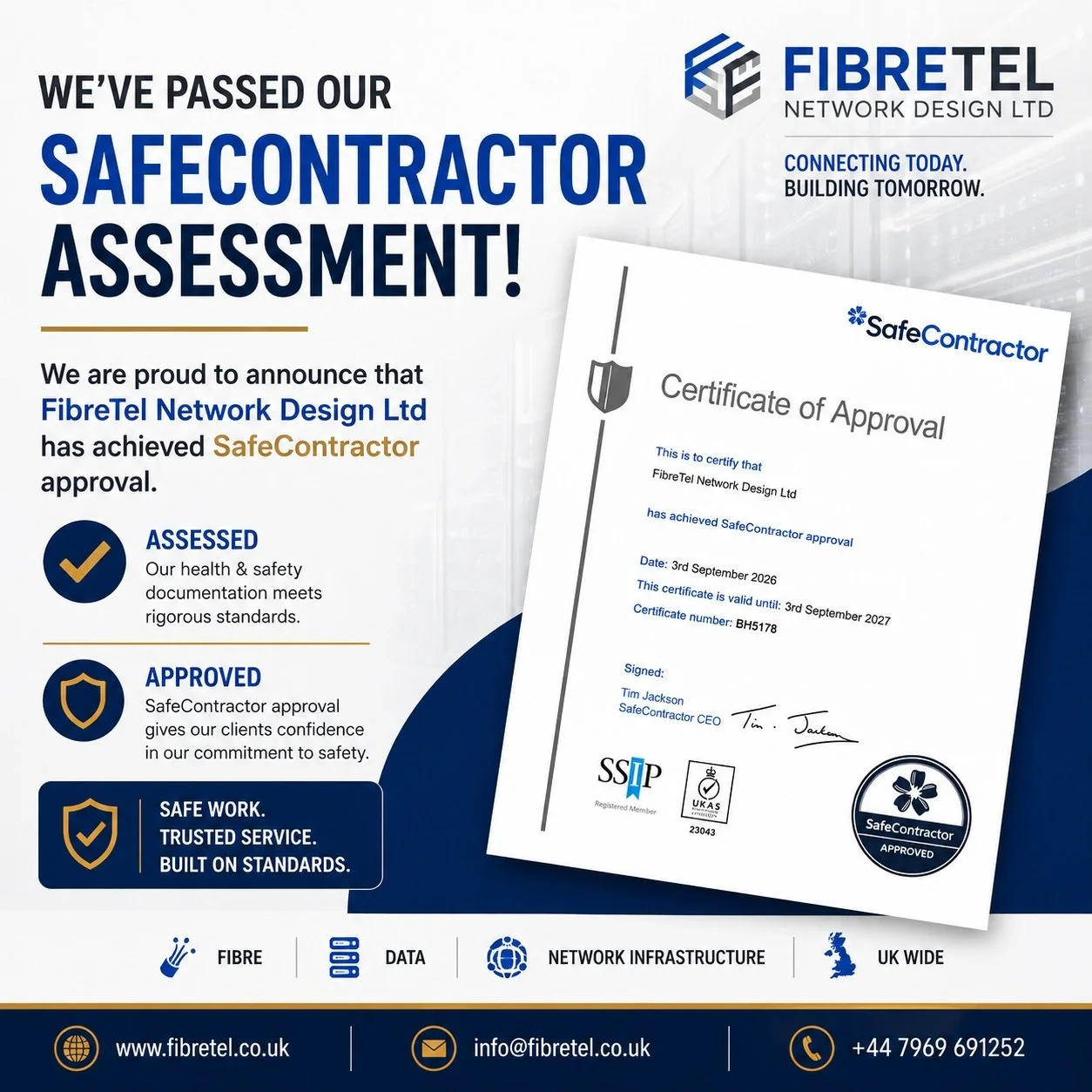We&rsquo;re SafeContractor Approved! ✅

Another important milestone for FibreTel Network Design Ltd as we continue growing our fibre and telecom engineering services across the UK.

Committed to Safety &bull; Quality &bull; Professionalism

Connectin