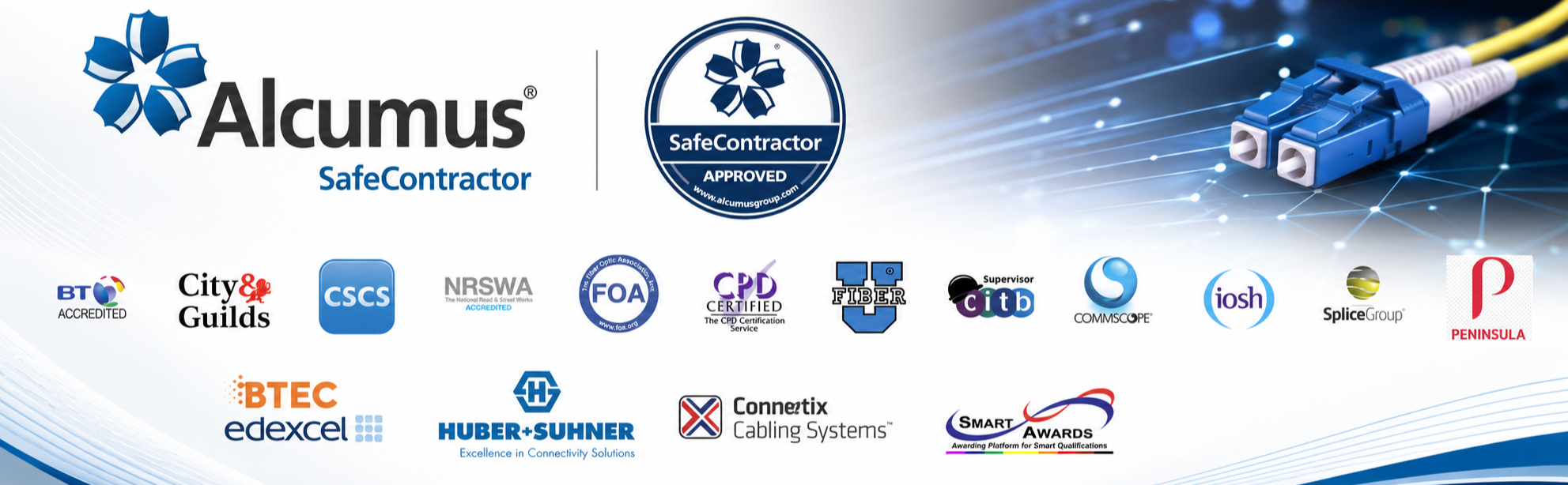 Alcumus SafeContractor logo with certification marks and logos of various industry organizations and certifications, including BT, City & Guilds, CSCS, NRSWA, FOA, CPD, TIBER, CITB, COMMSCOPE, Iosh, Spice Group, Peninsula, BTEC, edexcel, HUBER + SUHNER, Connextix, and SMART awards.
