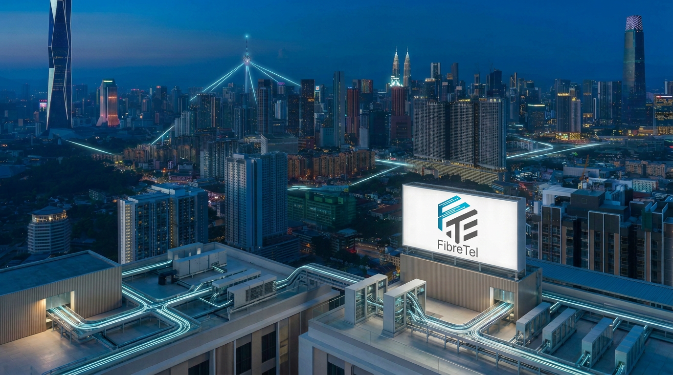 Nighttime cityscape of a modern skyscraper skyline with a large digital billboard displaying the FibreTel logo. The city is illuminated with blue and white lights, and several city buildings and antennas are visible in the background.