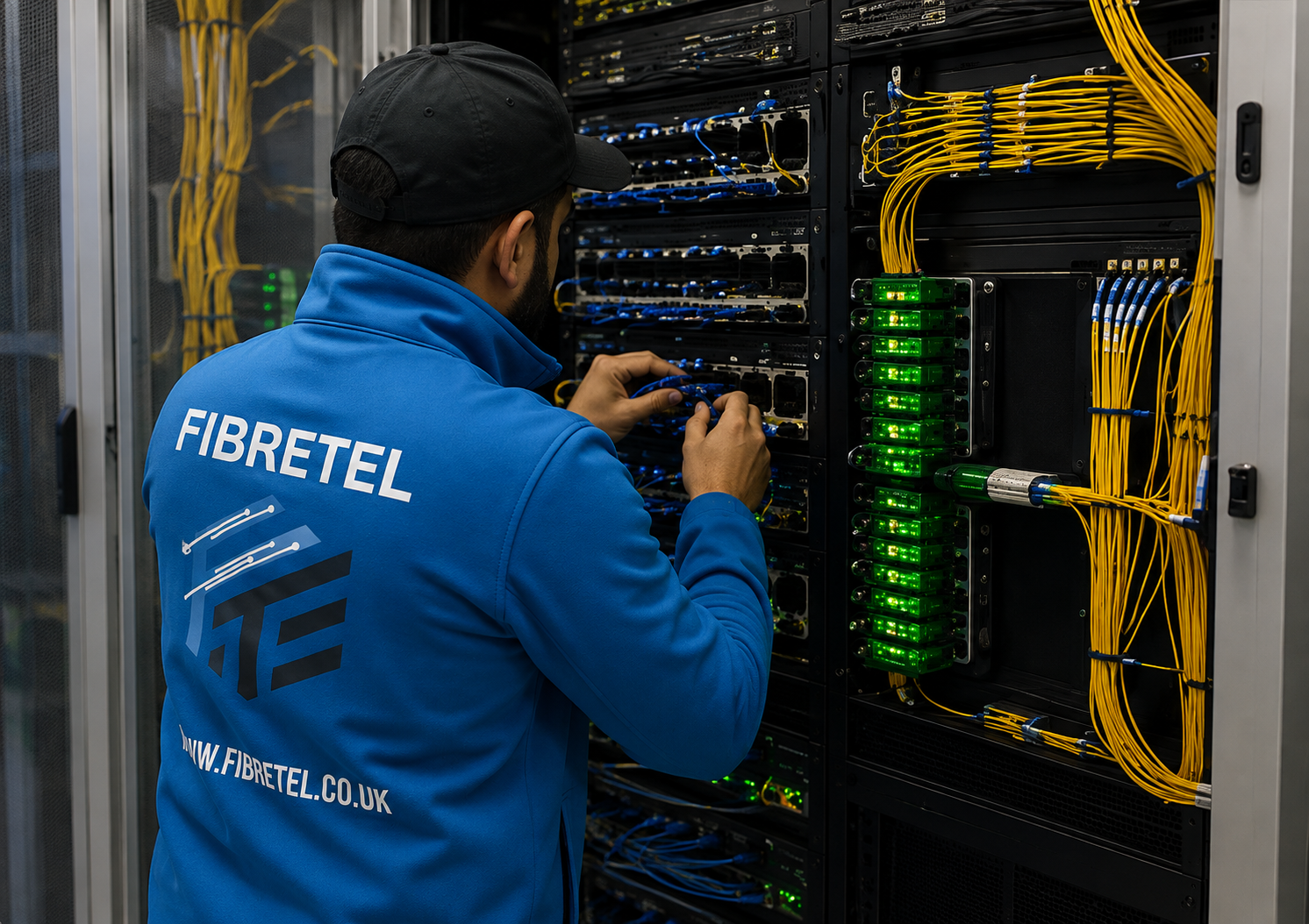 Technician working on a server rack in a data center, wearing a blue FIBRETEL jacket and a black cap, with yellow and blue Ethernet cables and illuminated green indicator lights on the equipment.