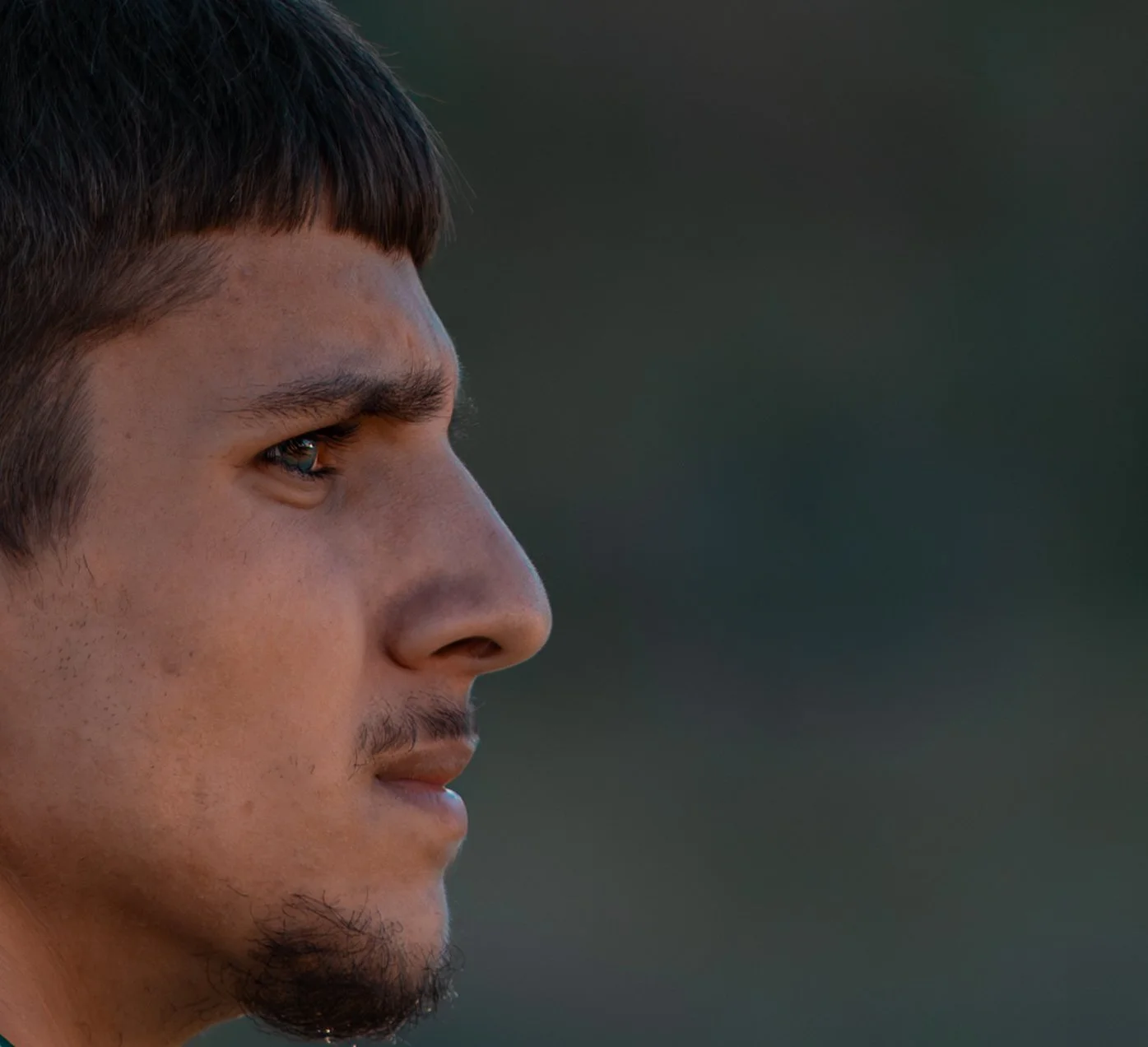 Close-up side profile of a young man with dark hair and goatee, looking thoughtfully into the distance, blurred outdoor background.
