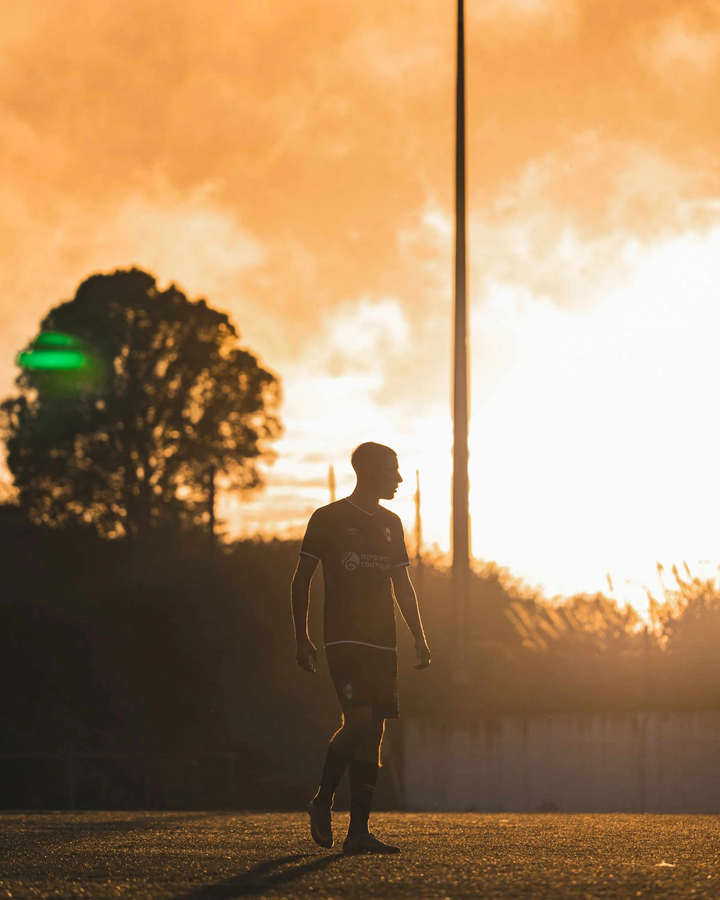 Silhouette of a person walking outdoors during sunset with trees and a cloudy sky in the background.
