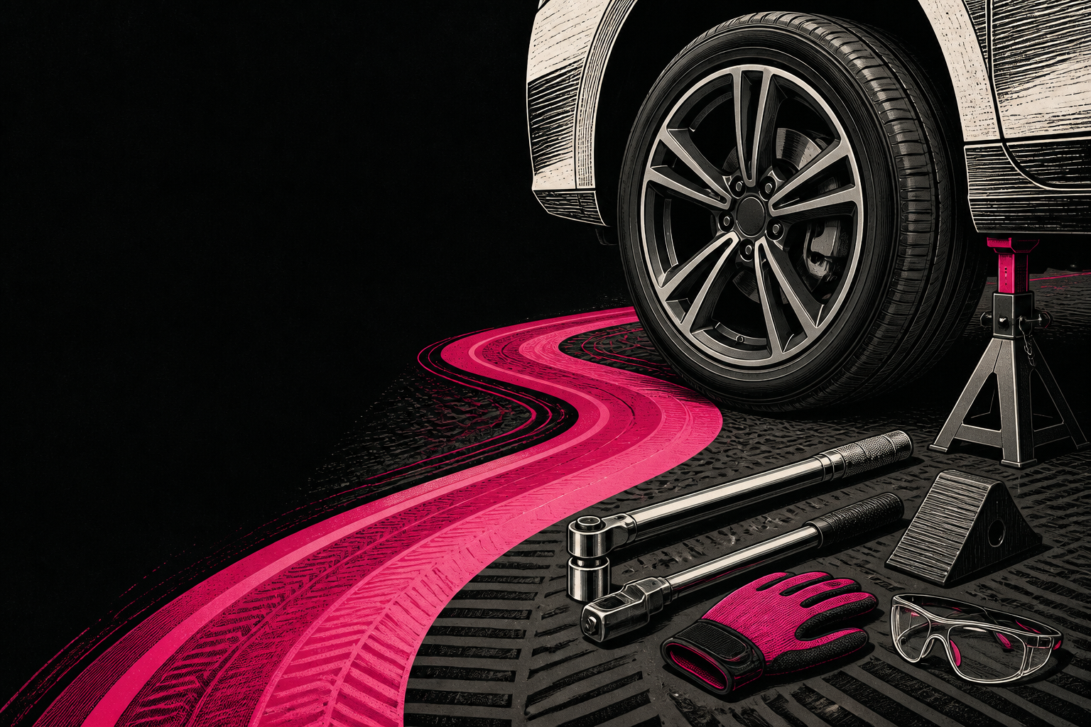 People-free tyre safety artwork with a supported wheel, torque wrench, chock and safety equipment