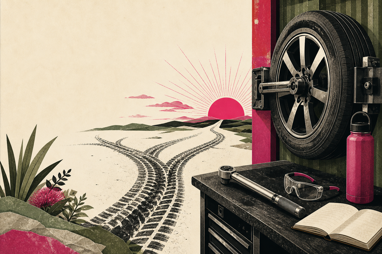 Symbolic workshop artwork with a wheel, safety equipment, water and branching tyre tracks