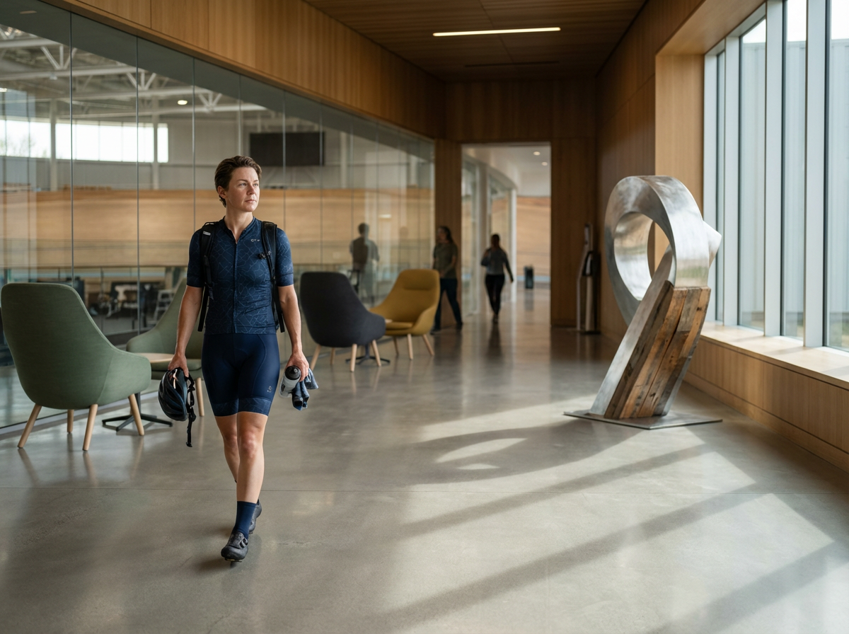 A woman in athletic clothing walks through a modern, well-lit indoor space with large windows, chairs, and a contemporary sculpture.