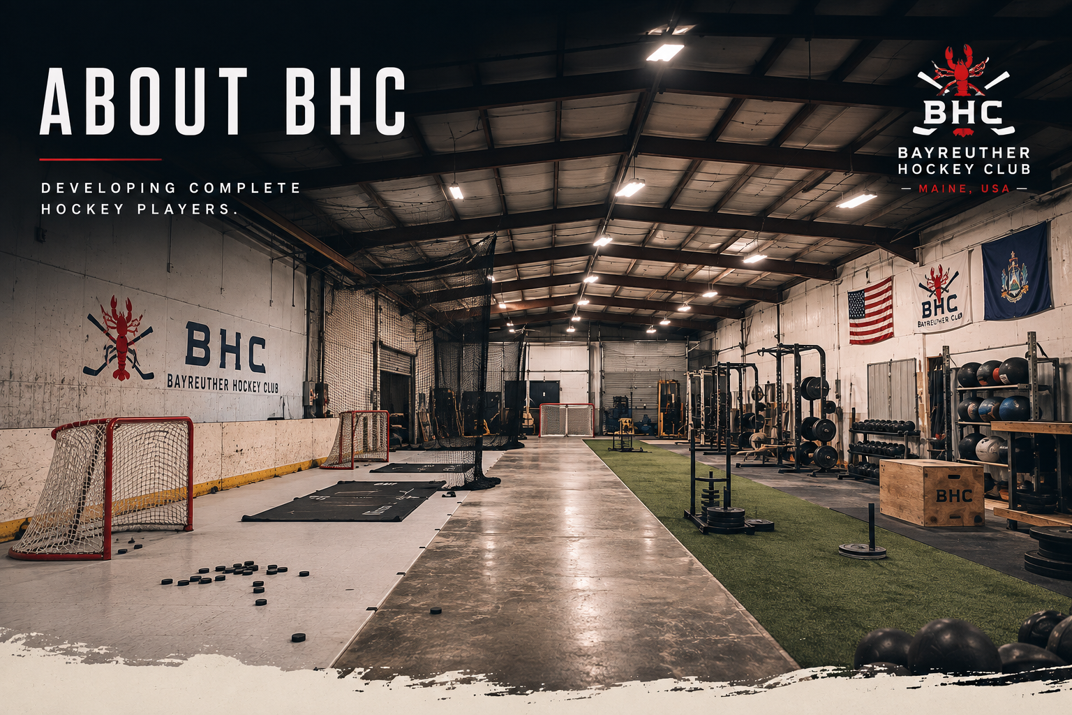 Interior view of BHC Bay Reuther Hockey Club training facility with hockey equipment, weightlifting stations, and flags on the wall.