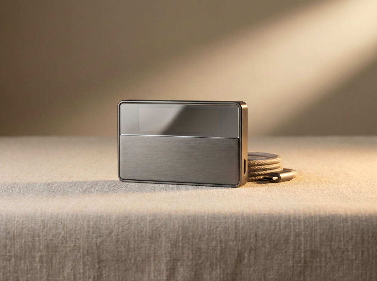 Silver metal portable speaker with a cord, placed on a beige fabric surface with a gradient beige background.
