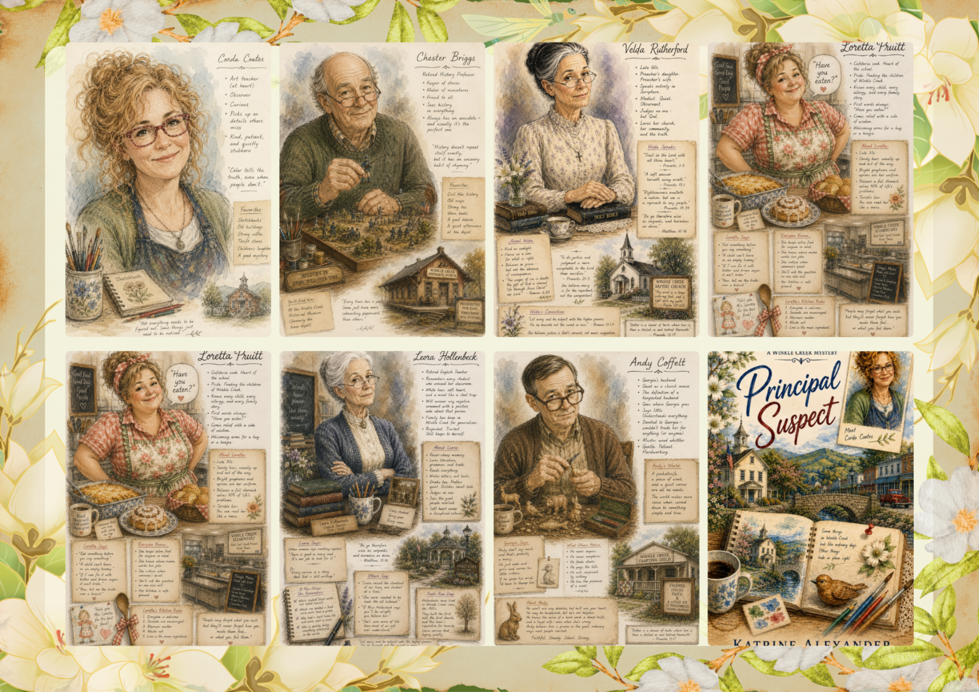 A collage of illustrated portraits and biographies of elderly women, including Loretta Pruitt, Chester Briggs, Velda Rutherford, Leora Hollenbeck, and others, with decorative backgrounds of flowers, a church, and a small town scene.