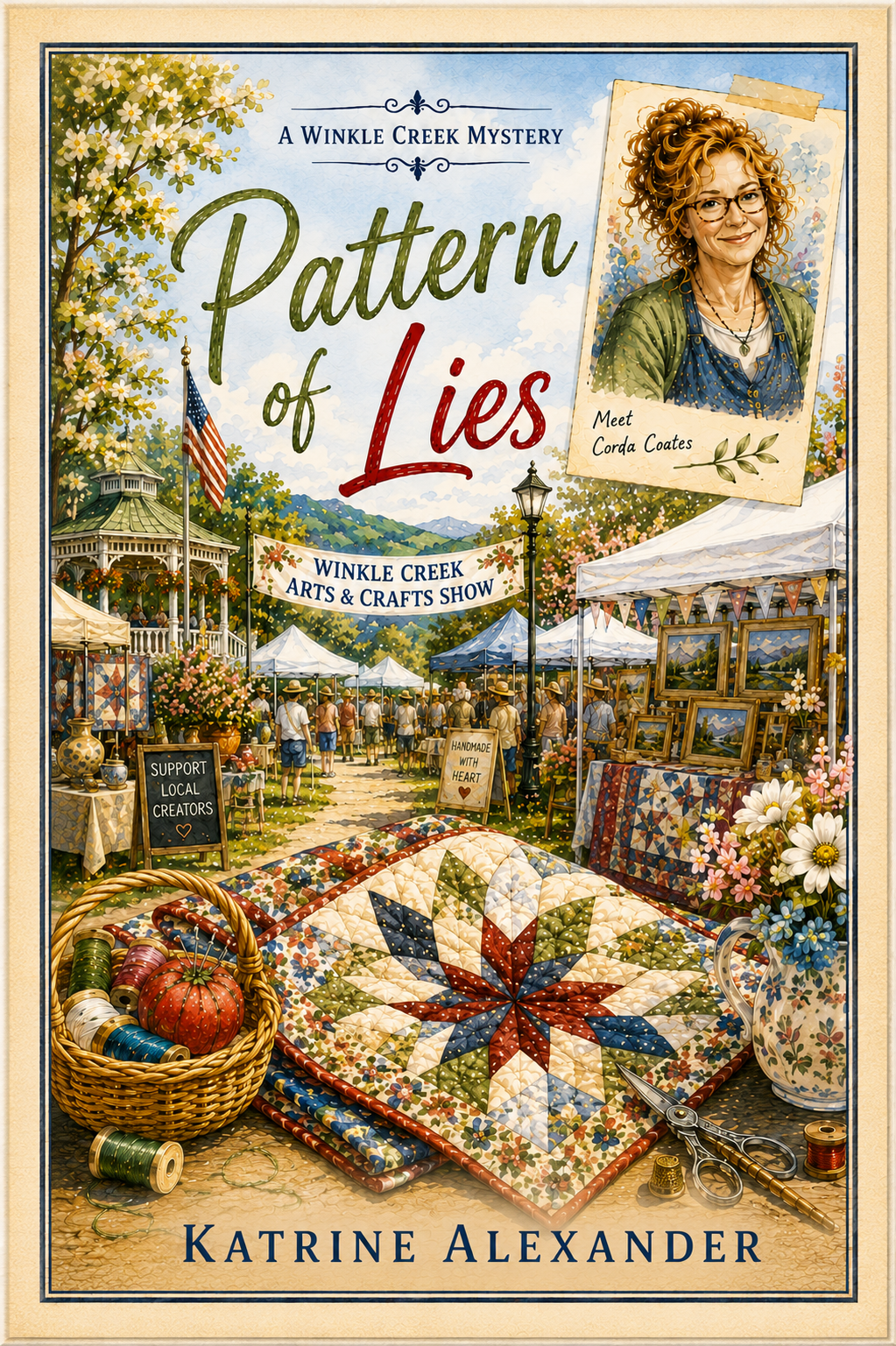 Book cover for 'Pattern of Lies' by Katrine Alexander featuring an outdoor arts and crafts show with tents, artworks, flowers, and people shopping, with a portrait of Corda Coates in the top right corner.