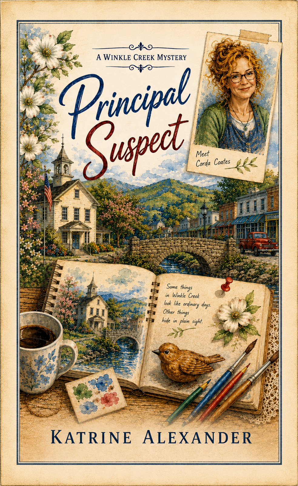 Book cover titled "Principal Suspect" by Katrine Alexander, featuring a watercolor illustration of Winkle Creek town with a stone bridge, a church, and historic buildings, floral accents, a photograph of a woman with glasses and curly hair labeled "Meet Corda Coates," an open notebook with a poem, a bird figurine, paintbrushes, a cup of coffee, and an artist's palette.