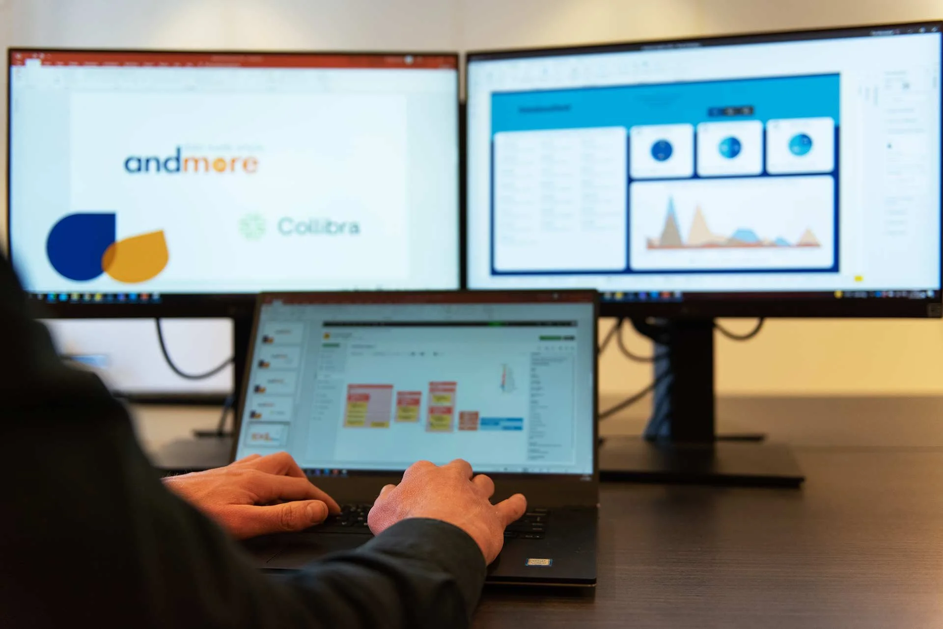 Persoon werkt aan een laptop met daarop een planning of schema, op de achtergrond twee grote computerschermen met grafieken en presentaties.