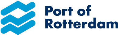 Logo van de Haven van Rotterdam met blauwe golven en de tekst 'Port of Rotterdam'.
