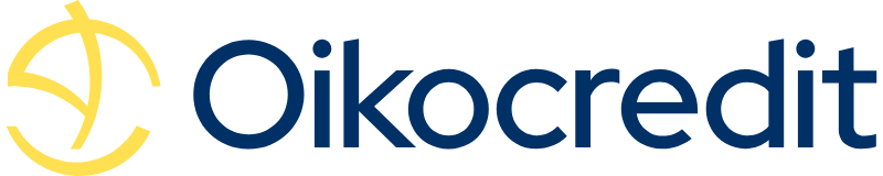 Logo van Oikocredit met een geel symbool en de naam in blauwe tekst.