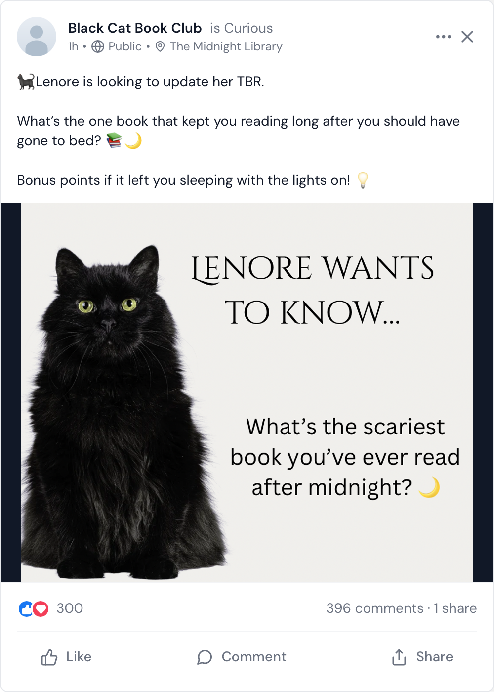 A black cat with green eyes sitting next to text that reads, 'LENORE WANTS TO KNOW... What's the scariest book you've ever read after midnight?'