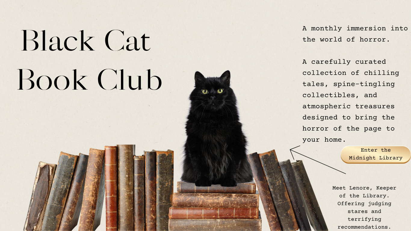 Website page featuring the 'Black Cat Book Club' with a black cat sitting on old books, text describing a horror-themed monthly book collection, and a button to 'Enter the Midnight Library'.