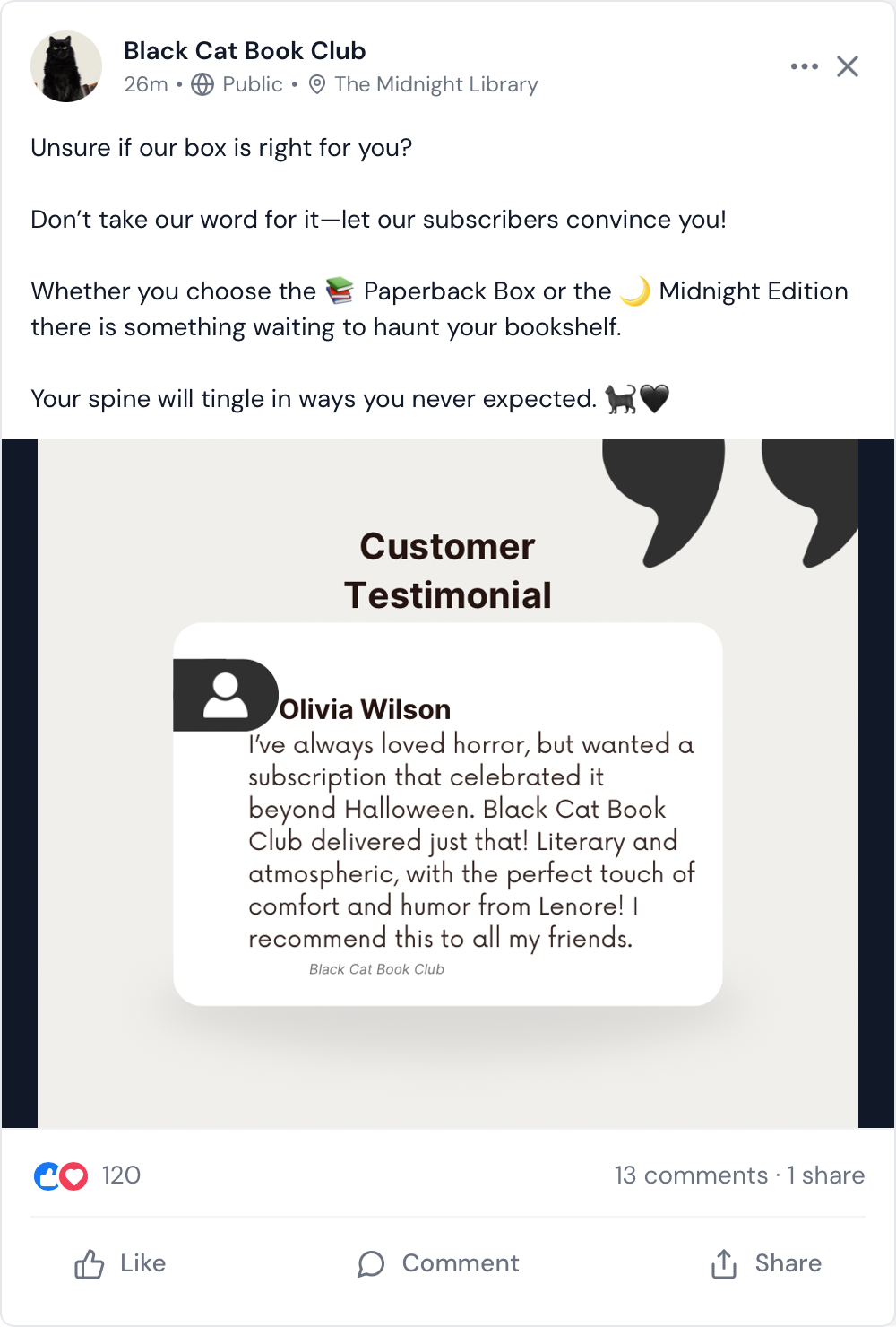 Screenshot of a Facebook post from Black Cat Book Club promoting their subscription boxes, featuring a customer testimonial.