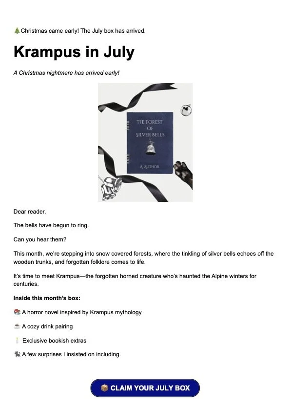 A newsletter page titled "Krampus in July" with a blue book titled "The Forest of Silver Bells" and illustrations of a bell and a hand reaching out. The page includes a description of Krampus mythology and a button labeled "Claim Your July Box."