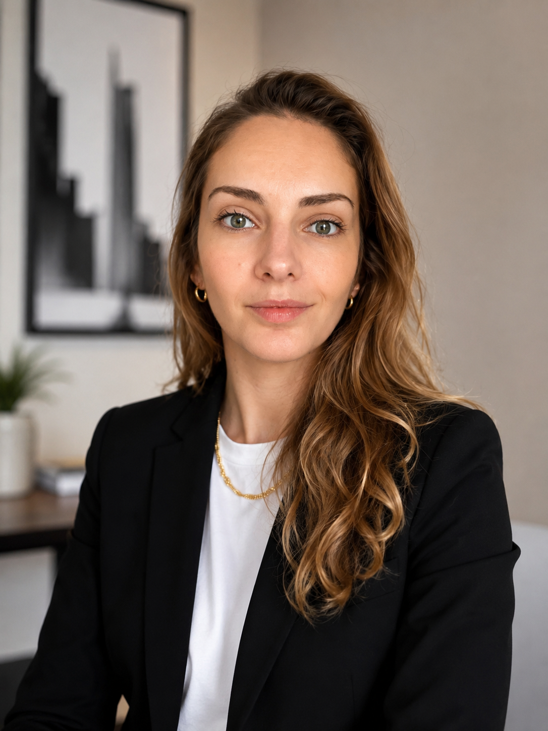 Une femme avec des cheveux longs, portant un blazer noir et un t-shirt blanc, assise dans un bureau avec une œuvre d'art abstraite en arrière-plan.