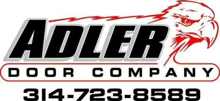 Logo for Adler Door Company featuring a stylized eagle head with red accents and a lightning bolt-like design, including the company's phone number.