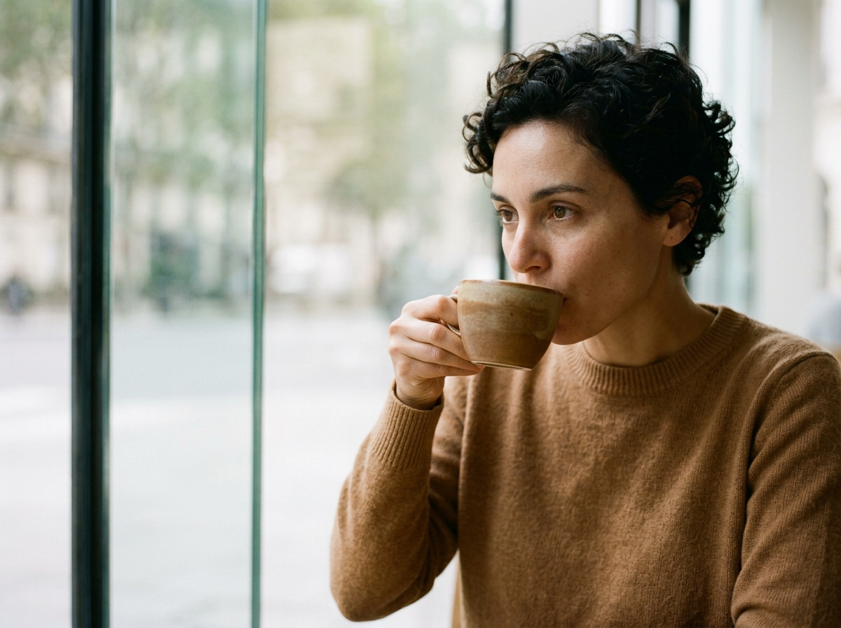 A woman with short, dark, curly hair drinking from a beige ceramic cup inside a cafe near a large window