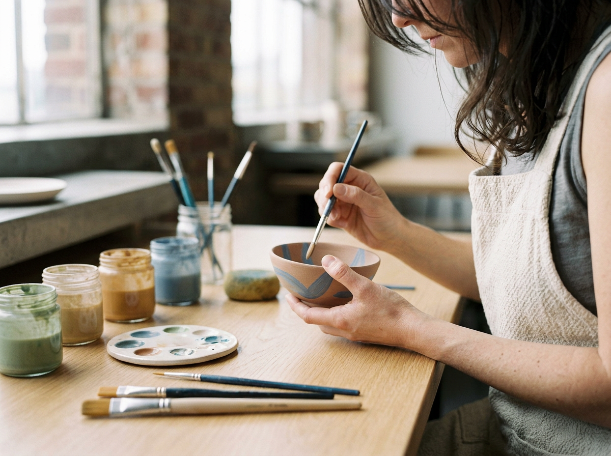 Woman painting a ceramic bowl in a bright art studio with jars of paint and brushes on the table.