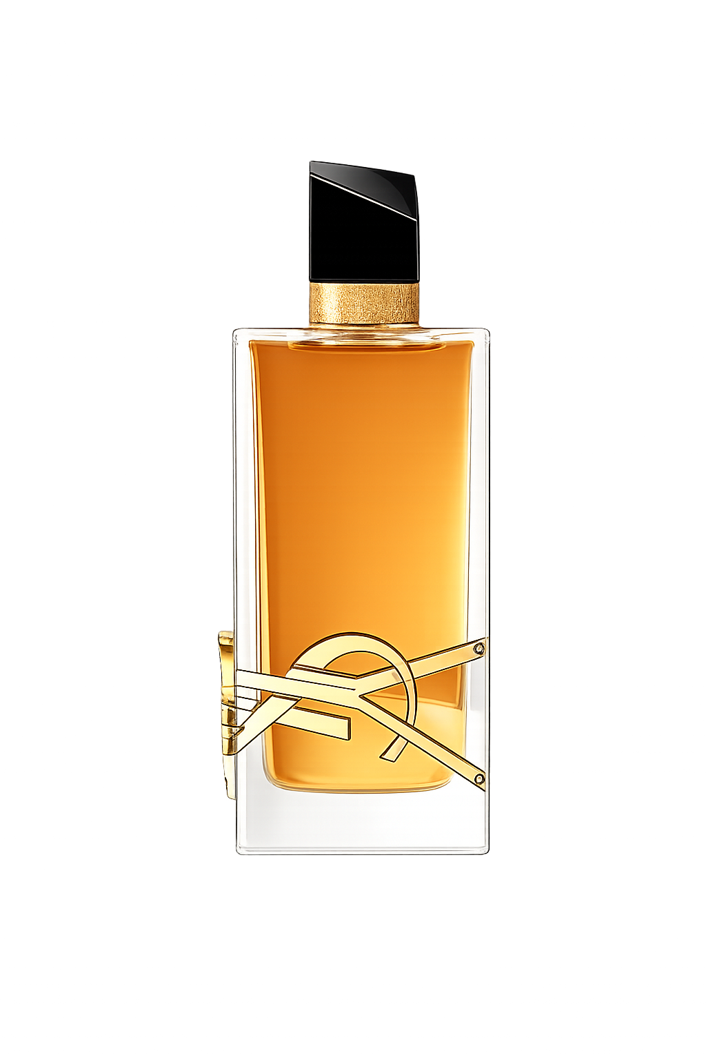 A perfume bottle with a black cap, gold accents, and a gold hinge on the front, filled with orange-colored liquid.