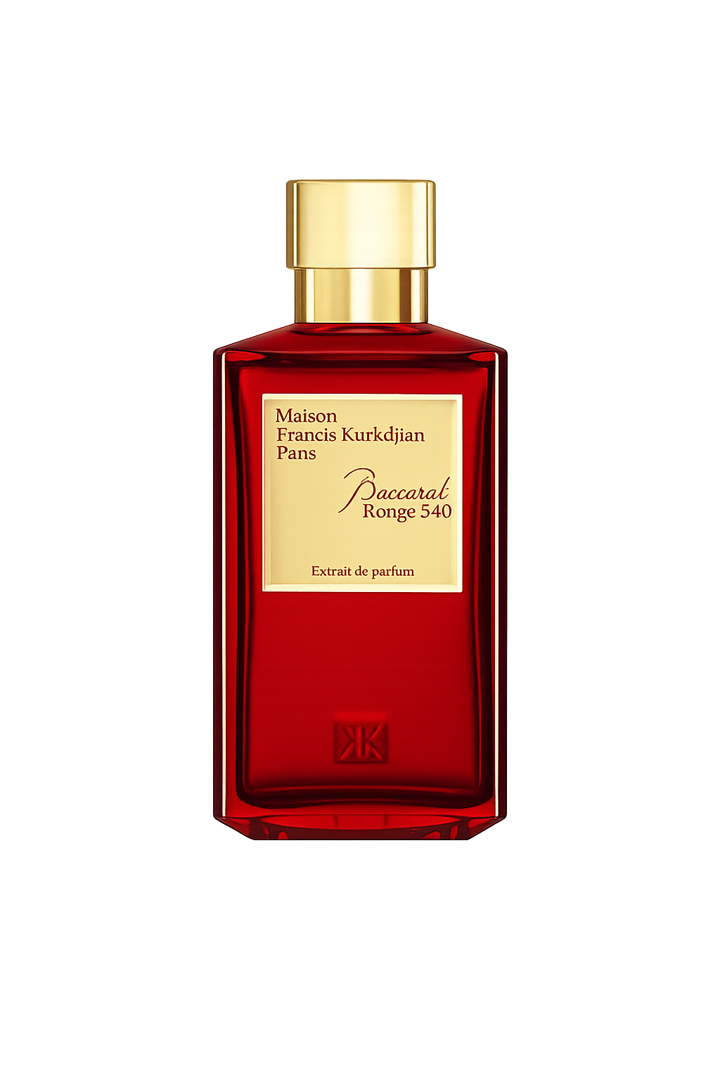 Red perfume bottle with a gold cap, labeled 'Maison Francis Kurkdjian Pans Baccarat Ronge 540, Extrait de parfum'.
