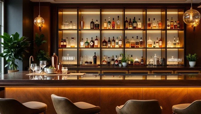 Bar counter with bottles of liquor, glassware, and plants in a modern bar area with warm lighting.