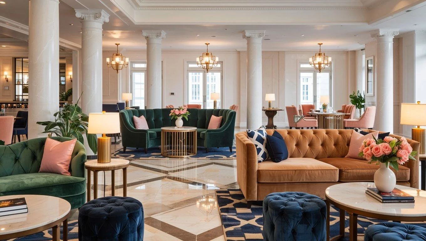 Elegant hotel lobby with marble floors, plush sofas, and armchairs in shades of green, pink, and tan. Decorated with flowers and table lamps, with large windows letting in natural light.