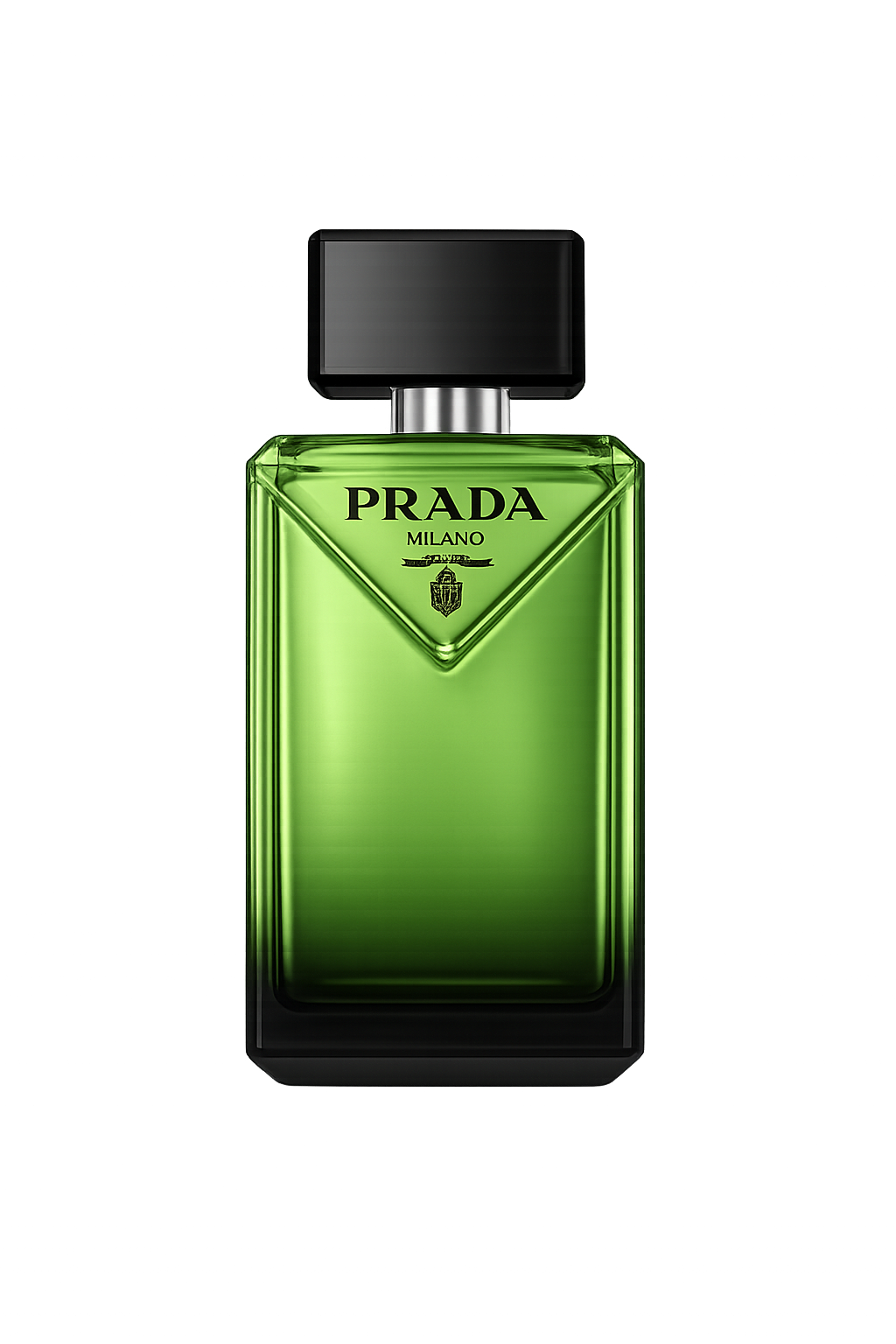 A green Prada perfume bottle with a black cap, set against a dark, colorful, and abstract background.