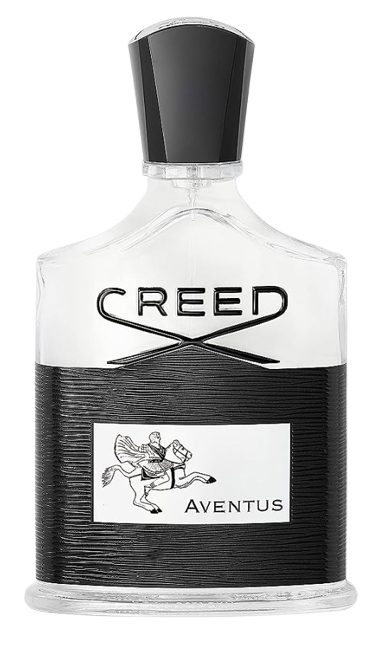 A bottle of Creed Aventus cologne with a black cap and black label, featuring a logo of a man on a horse.