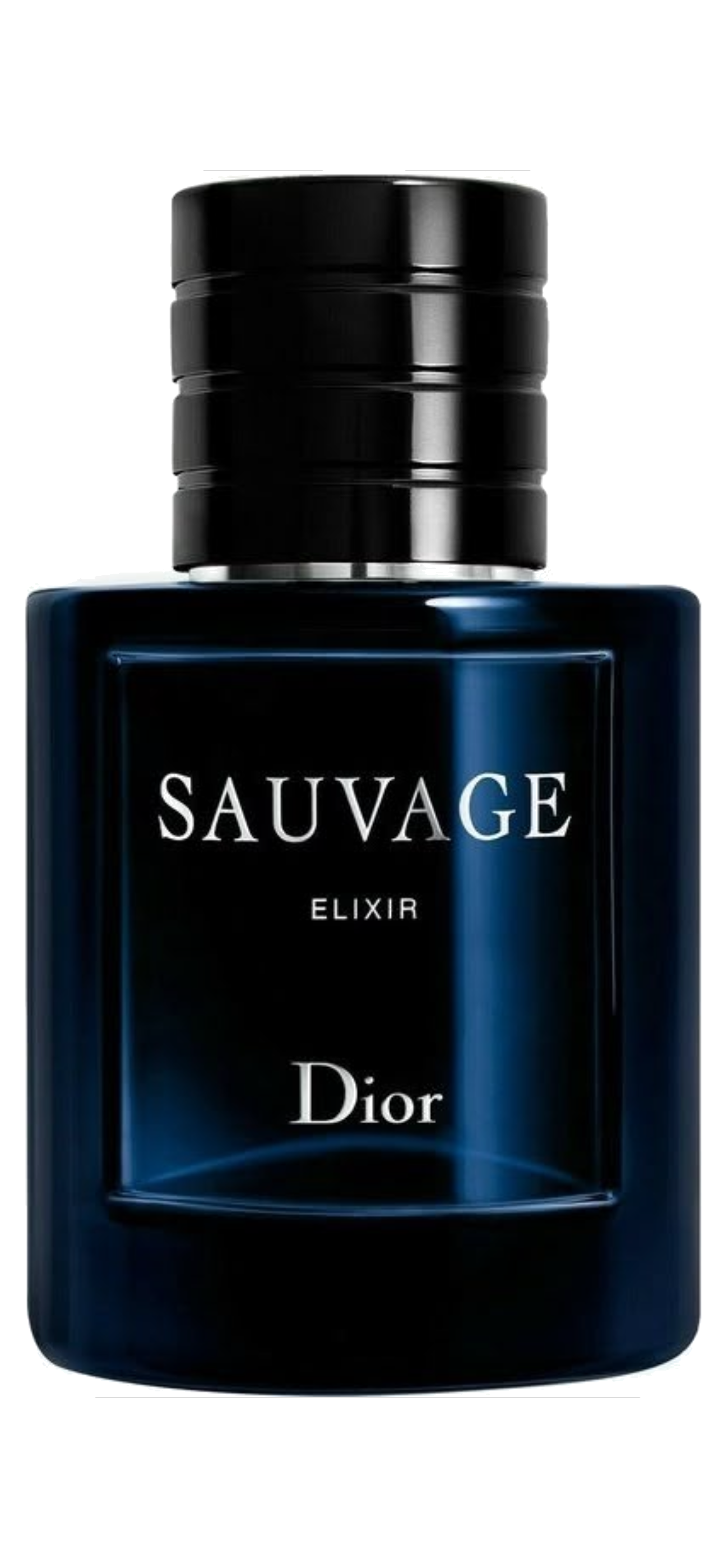 Close-up of Dior Sauvage Elixir perfume bottle with black cap and dark blue container against a dark background.