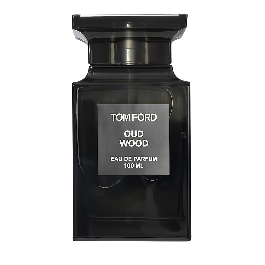 Black perfume bottle with a silver label that reads 'Tom Ford Oud Wood Eau de Parfum 100 mL' on a dark background.