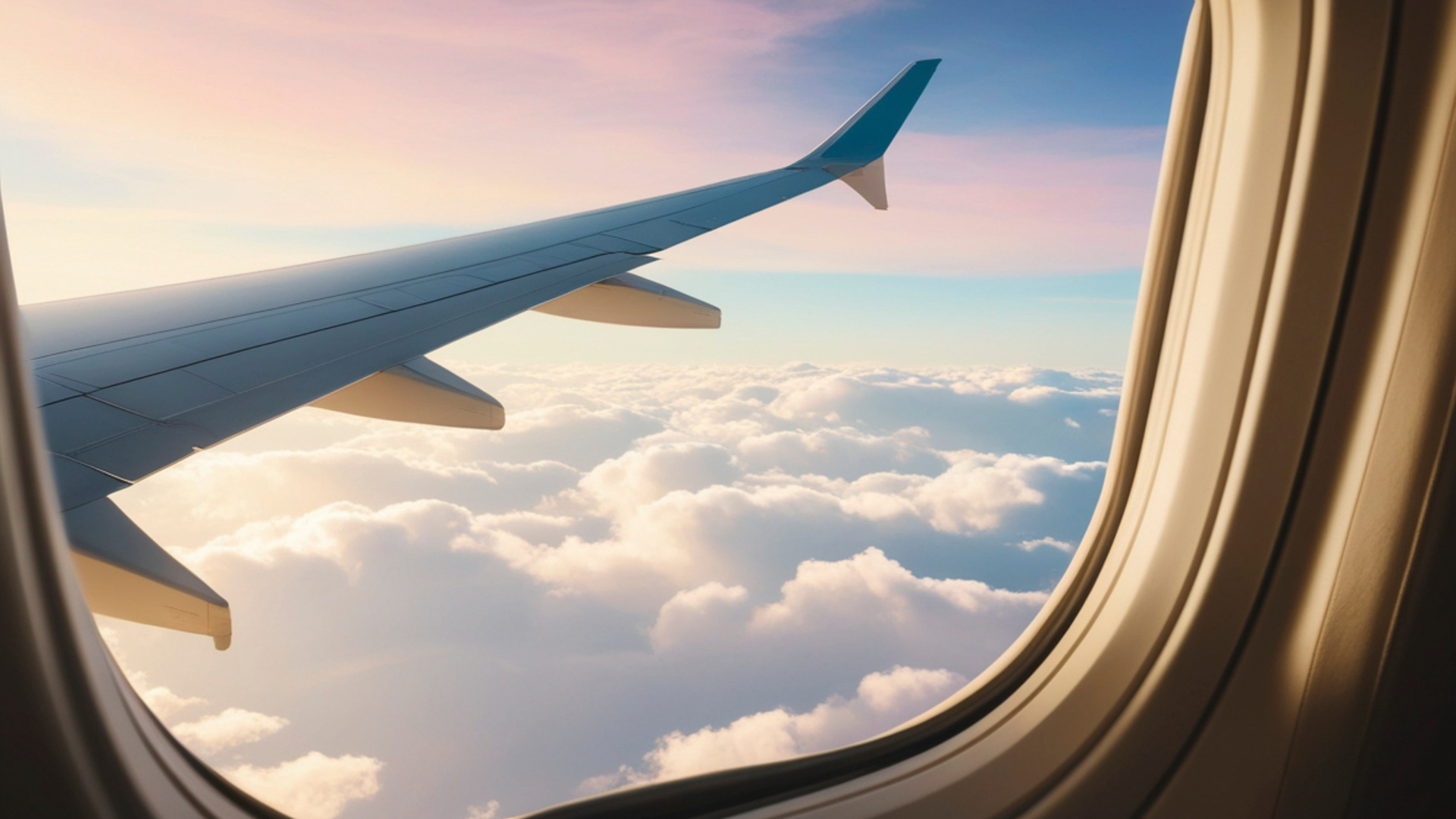 View from an airplane window showing the wing of the plane flying above clouds during sunset or sunrise.