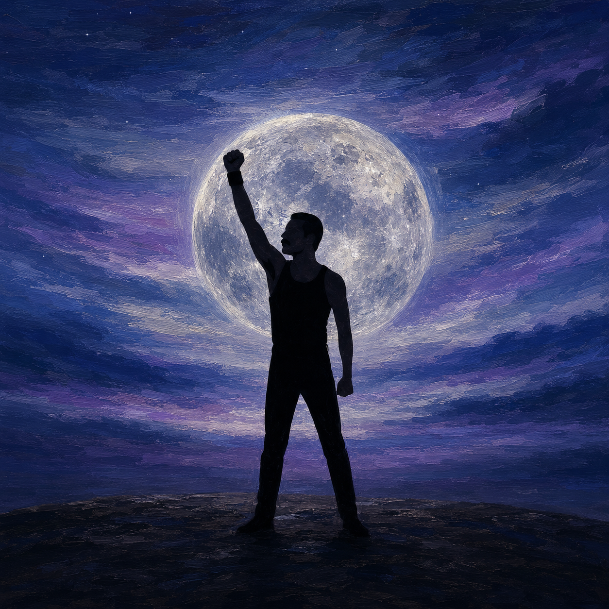 Silhouette of Freddie Mercury in front of a full moon.