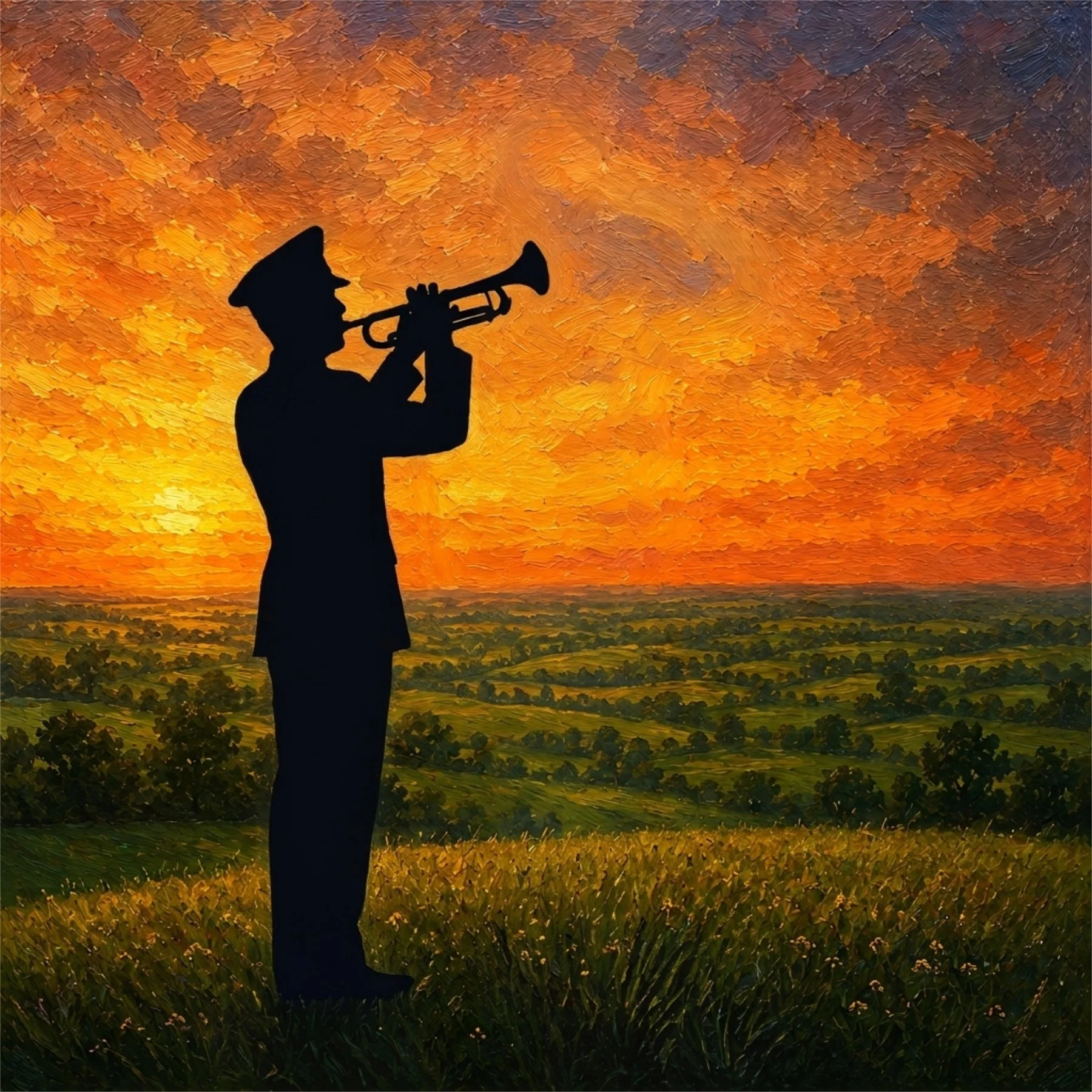 Silhouette of military trumpeter at sunset.
