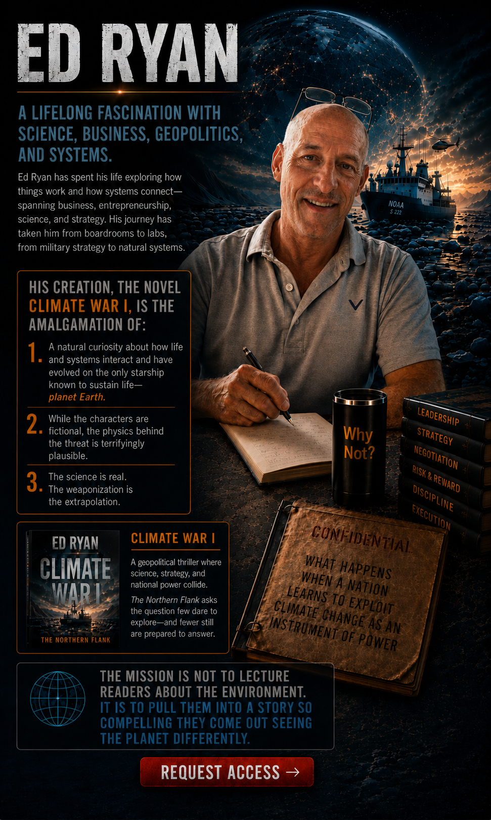 Ed Ryan | Author  with Arctic research imagery, Climate War I: The Northern Flank branding, and themes of science, geopolitics, systems thinking, and climate conflict.